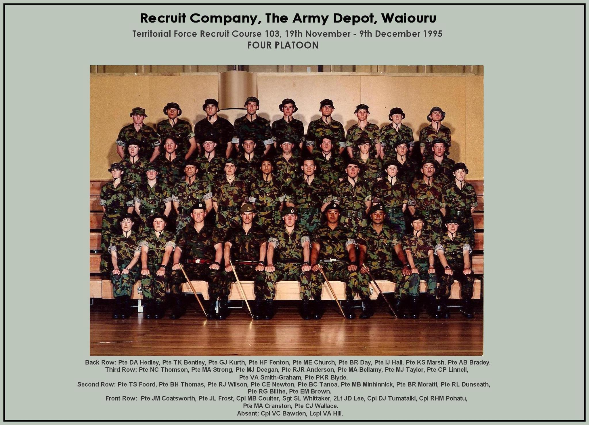 1995 Basic Intake 103 Platoon Photo — with Marsh Minhinnick and 35 others at Waiouru Military Camp.