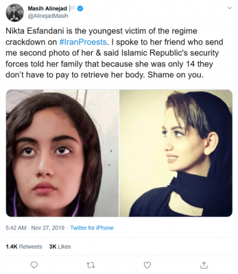 Iran has executed a 14-year-old girl for taking part in the protest ...