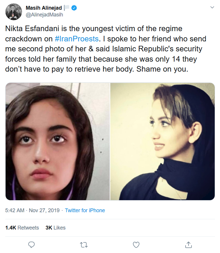 Nikta Esfandani is the youngest victim of the regime crackdown